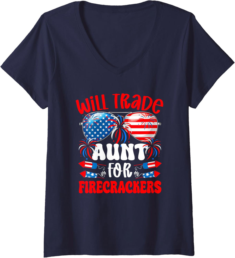 Women's Will Trade Aunt for Firecrackers 4th of July Sunglasses V-Neck T-Shirt - Navy Blue
