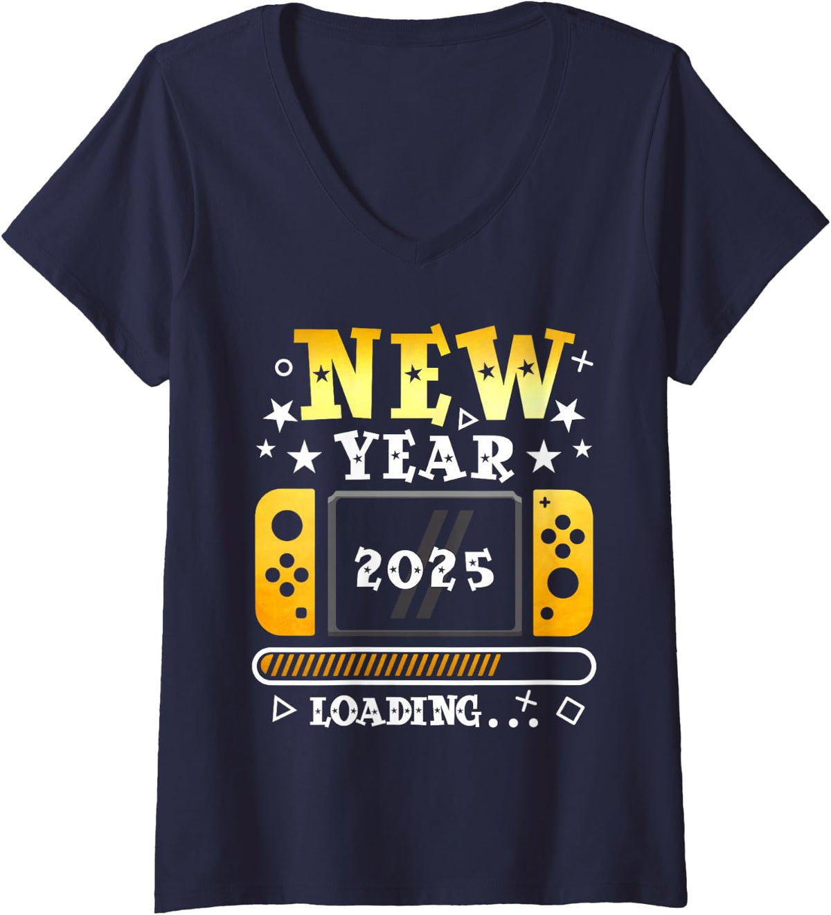 Women's New Year 2025 Loading Gaming Controller New Years Eve Party V-Neck T-Shirt - Navy Blue