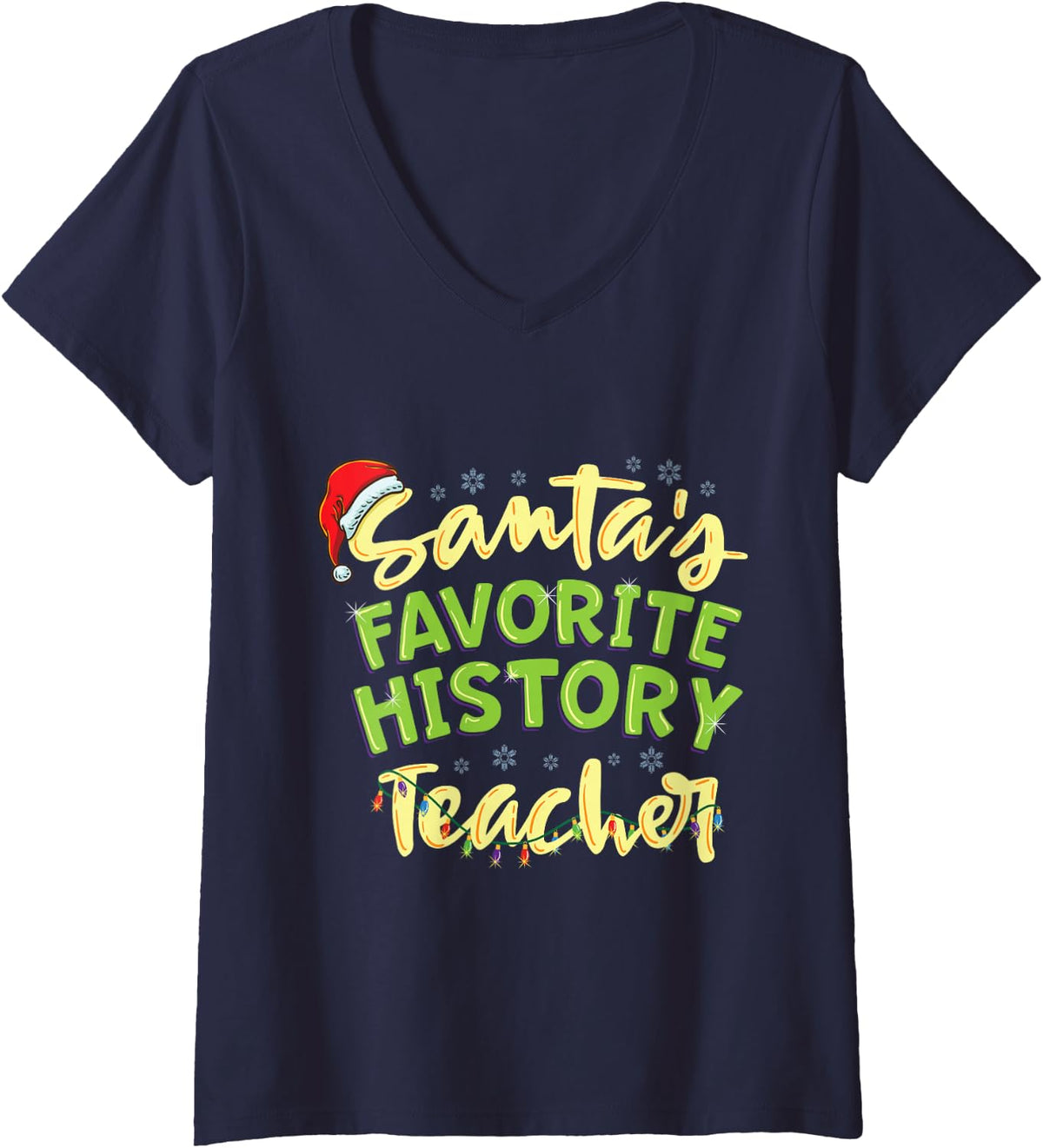 Women's Santas Favorite History Teacher V-Neck T-Shirt - Navy Blue