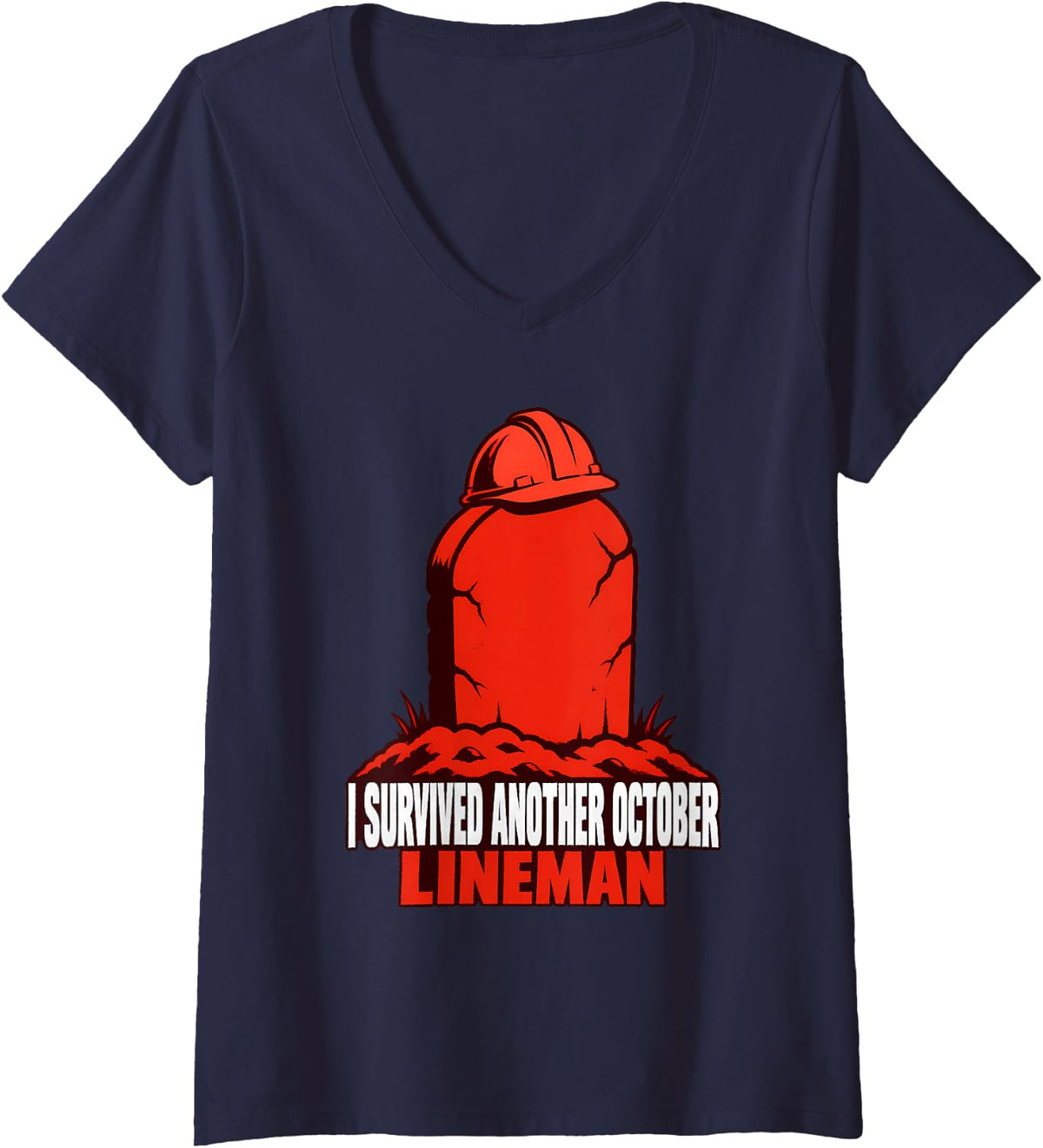 Women's I Survived Another October Lineman Survival Halloween V-Neck T-Shirt - Navy Blue