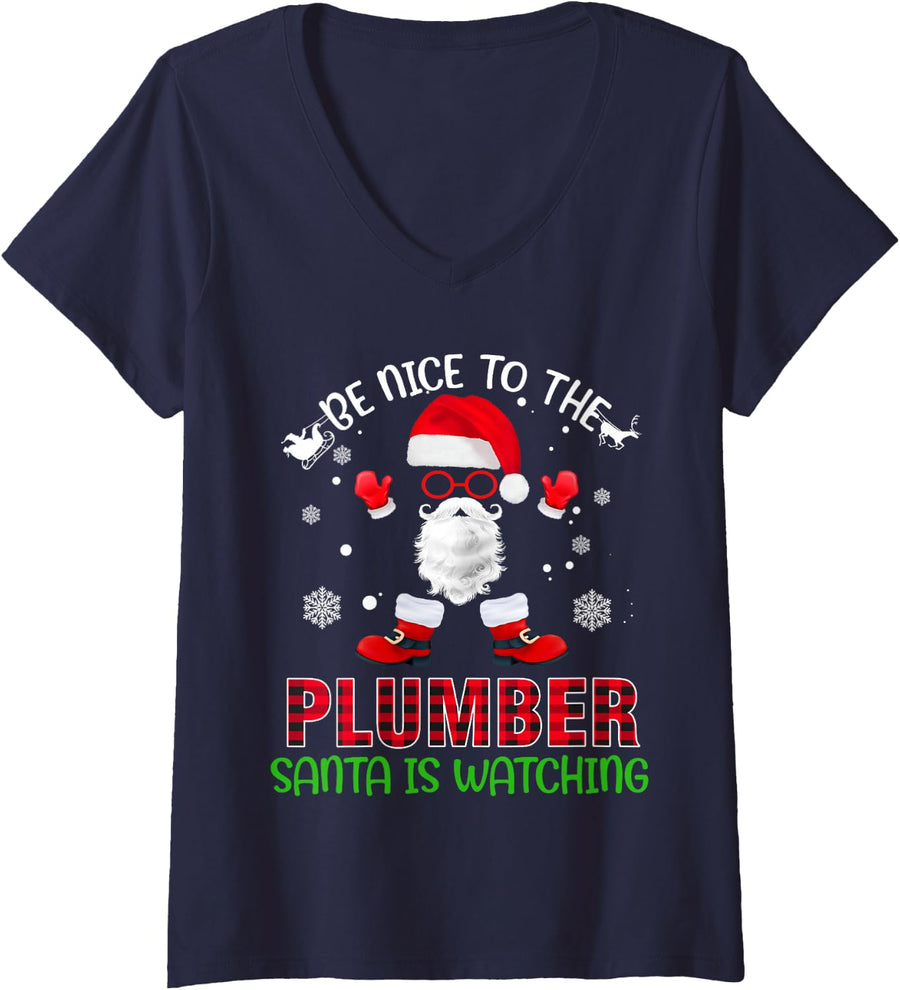 Women's Be Nice to The Plumber Santa is Watching Christmas Xmas V-Neck T-Shirt - Navy Blue