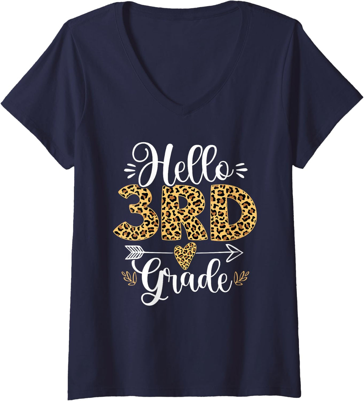 Women's Hello 3rd Grade Leopard Third Grade Teacher Back to School V-Neck T-Shirt - Navy Blue
