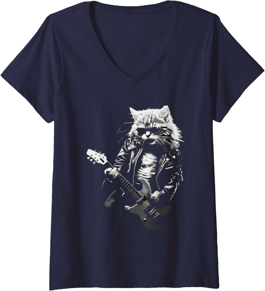Women's Funny Cat Playing Electric Guitar Cool Stencil Art Punk Rock V-Neck T-Shirt - Navy Blue