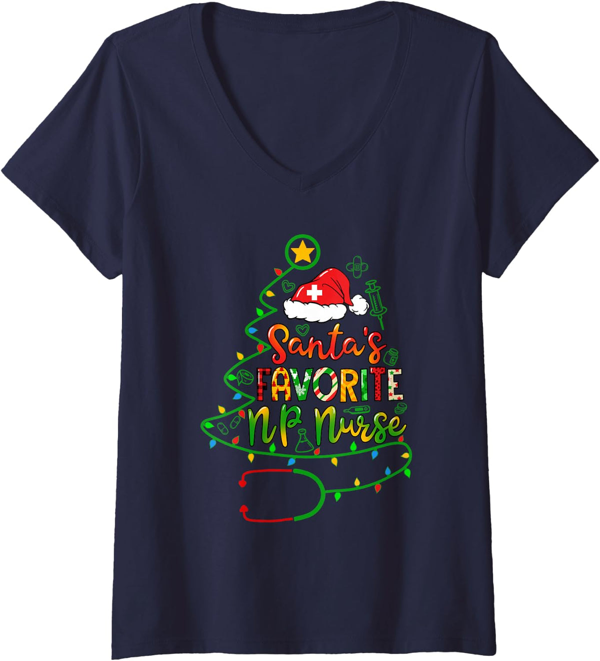 Women's Santa's Favorite NP Nurse Nurse Practitioner Christmas V-Neck T-Shirt - Navy Blue