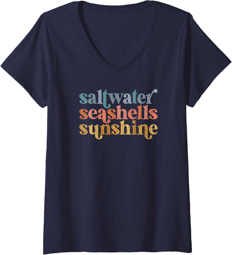 Womens Saltwater Seashells Sunshine V-Neck T-Shirt - Navy Blue