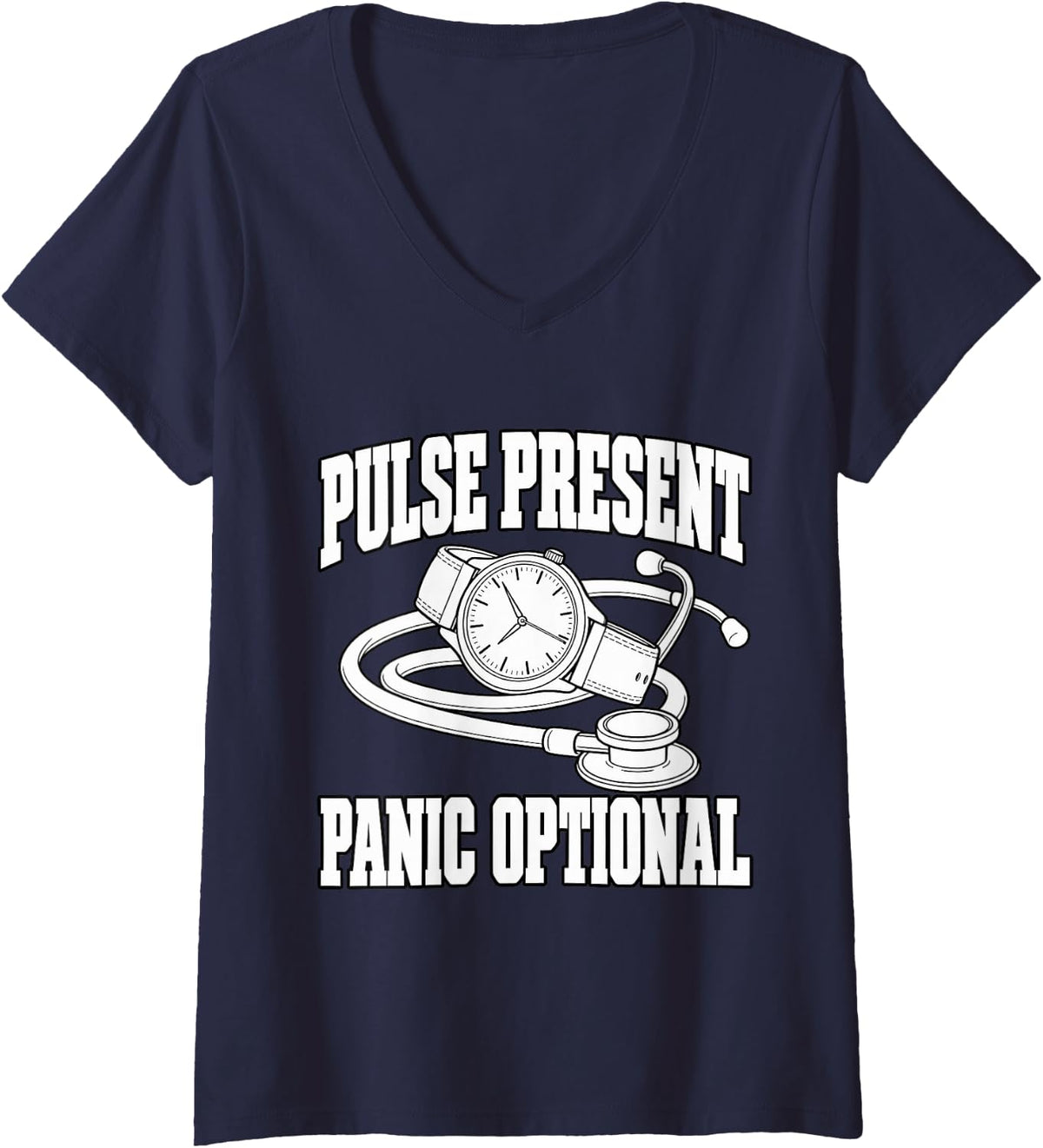 Women's Paramedic Pulse Present Panic Optional Emergency Team Fans V-Neck T-Shirt - Navy Blue
