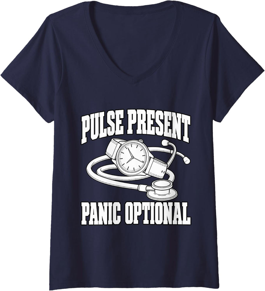 Women's Paramedic Pulse Present Panic Optional Emergency Team Fans V-Neck T-Shirt - Navy Blue