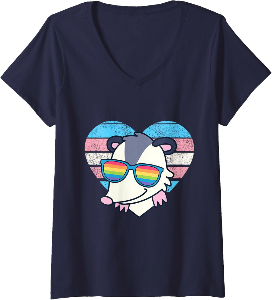 Women's LGBTQ Opossum Pride Trans Flag Rainbow Sunglasses V-Neck T-Shirt - Navy Blue