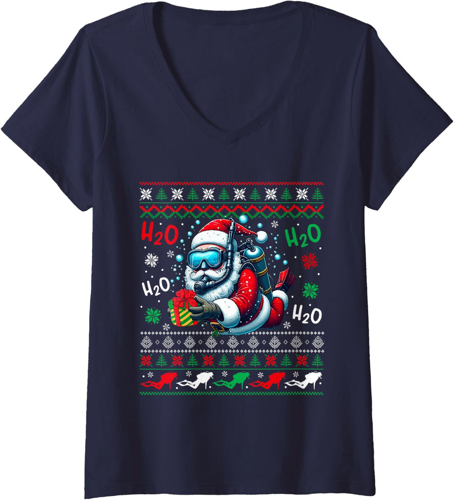 Women's Christmas Sweater Santa Scuba Diving Scuba Diver Lover V-Neck T-Shirt - Navy Blue