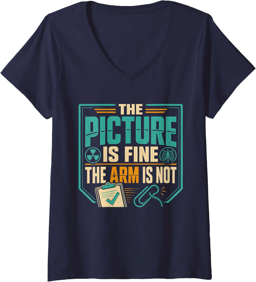Women's The Picture is Fine The Arm is Not Radiology Tech Humor V-Neck T-Shirt - Navy Blue