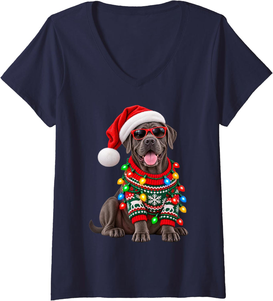 Women's Cane Corso Christmas Lights Santa Hat Sunglasses V-Neck T-Shirt - Navy Blue