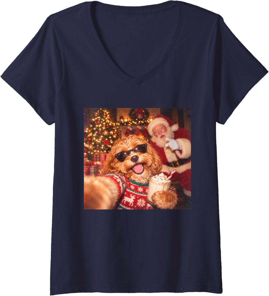 Women's Funny Cockapoo Christmas Santa Selfie Dog Lover Holiday Xmas V-Neck T-Shirt - Navy Blue