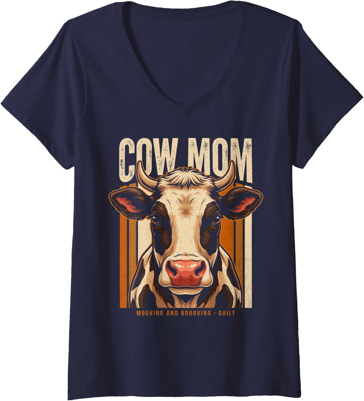 Women's Holstein Cow Mom Mooving and Grooving Daily V-Neck T-Shirt - Navy Blue