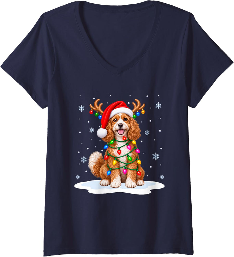 Women's Cavapoo Dog Christmas Tree Lights Xmas Pet Dog Lover V-Neck T-Shirt - Navy Blue