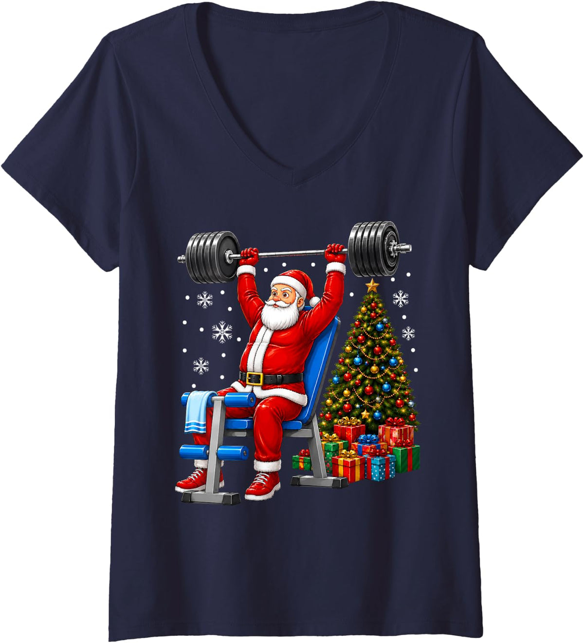 Women's Fitness Gym Workout Weightlifting Santa Christmas V-Neck T-Shirt - Navy Blue