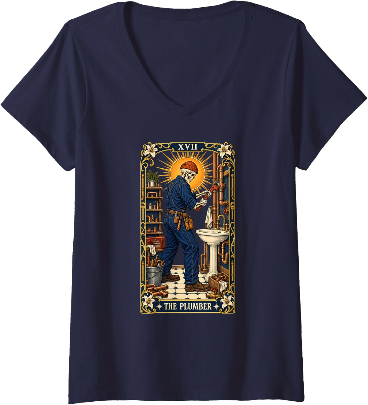 Women's Xvii The Plumber Skeleton Vintage Pipe Worker V-Neck T-Shirt - Navy Blue