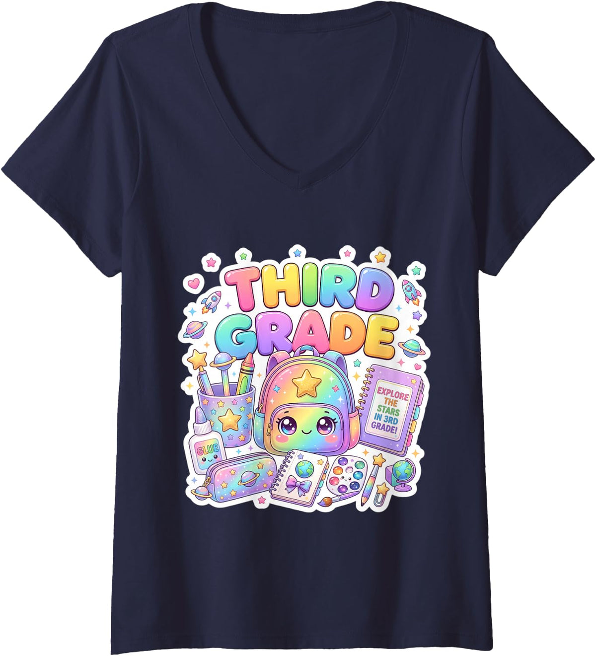 Women's Cute Backpack 3rd Third Grade Back to School Girl Teacher V-Neck T-Shirt - Navy Blue