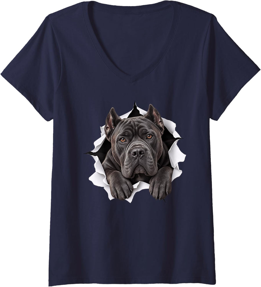 Women's Funny Cane Corso Peeking Cute Dog Lover Mom Dad V-Neck T-Shirt - Navy Blue