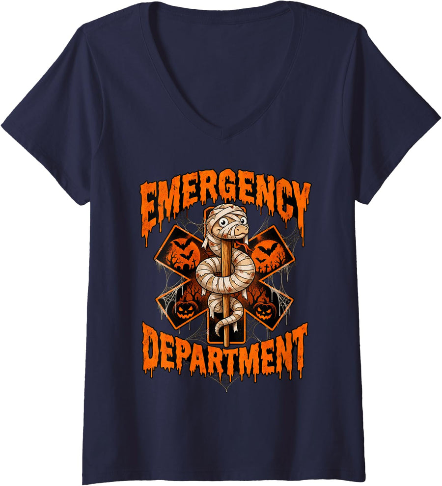 Women's ER Nurse EMT EMS Emergency Funny Spooky Halloween Paramedic V-Neck T-Shirt - Navy Blue