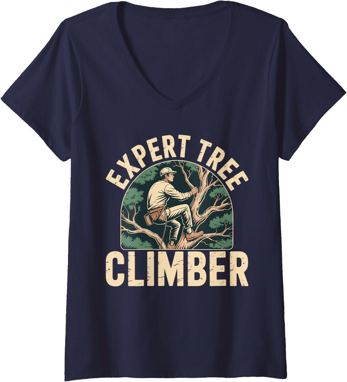 Women's Expert Tree Climber Hiking Nature Outdoors V-Neck T-Shirt - Navy Blue