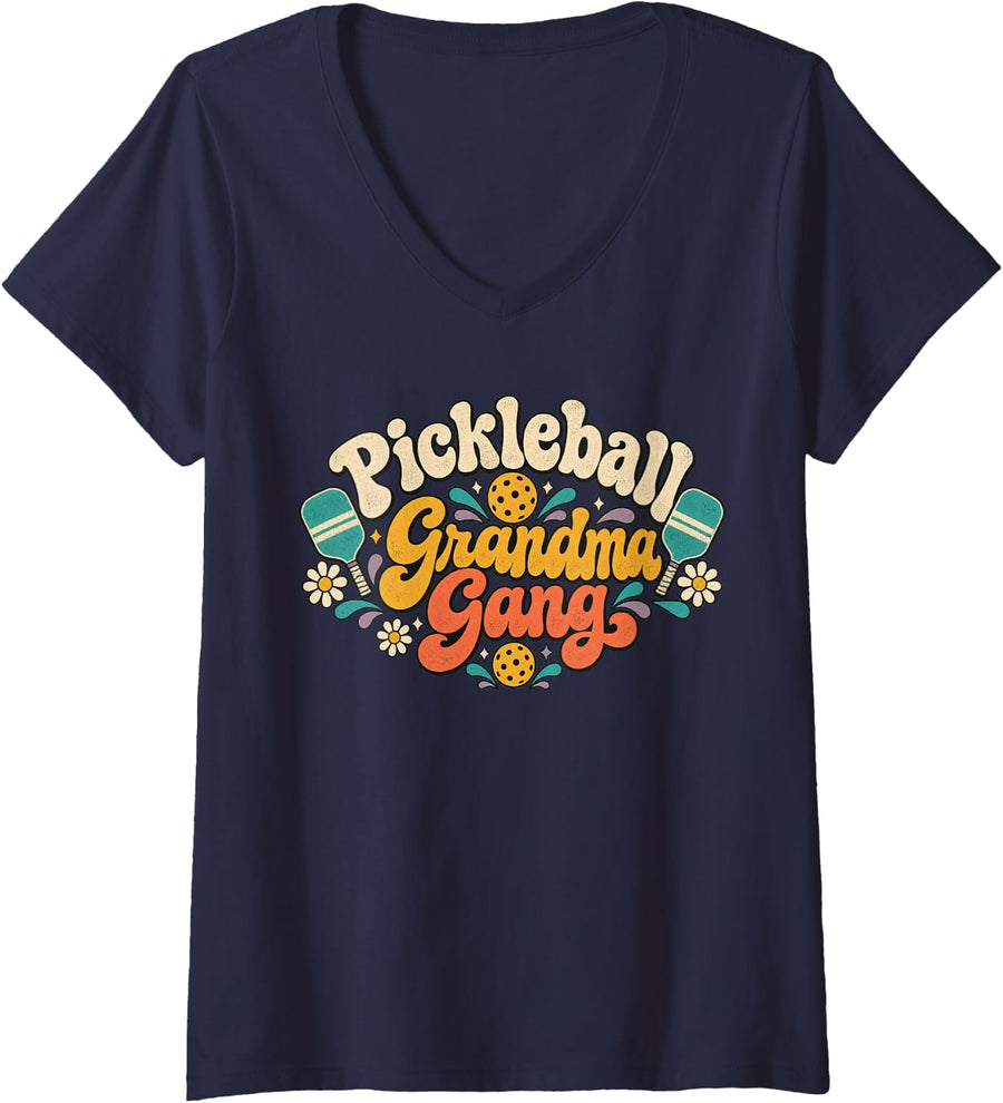 Women's Groovy Pickleball Grandma Gang V-Neck T-Shirt - Navy Blue