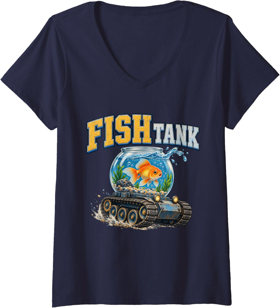 Women's Fish Tank Aquarium Humor Pun Graphic Design V-Neck T-Shirt - Navy Blue