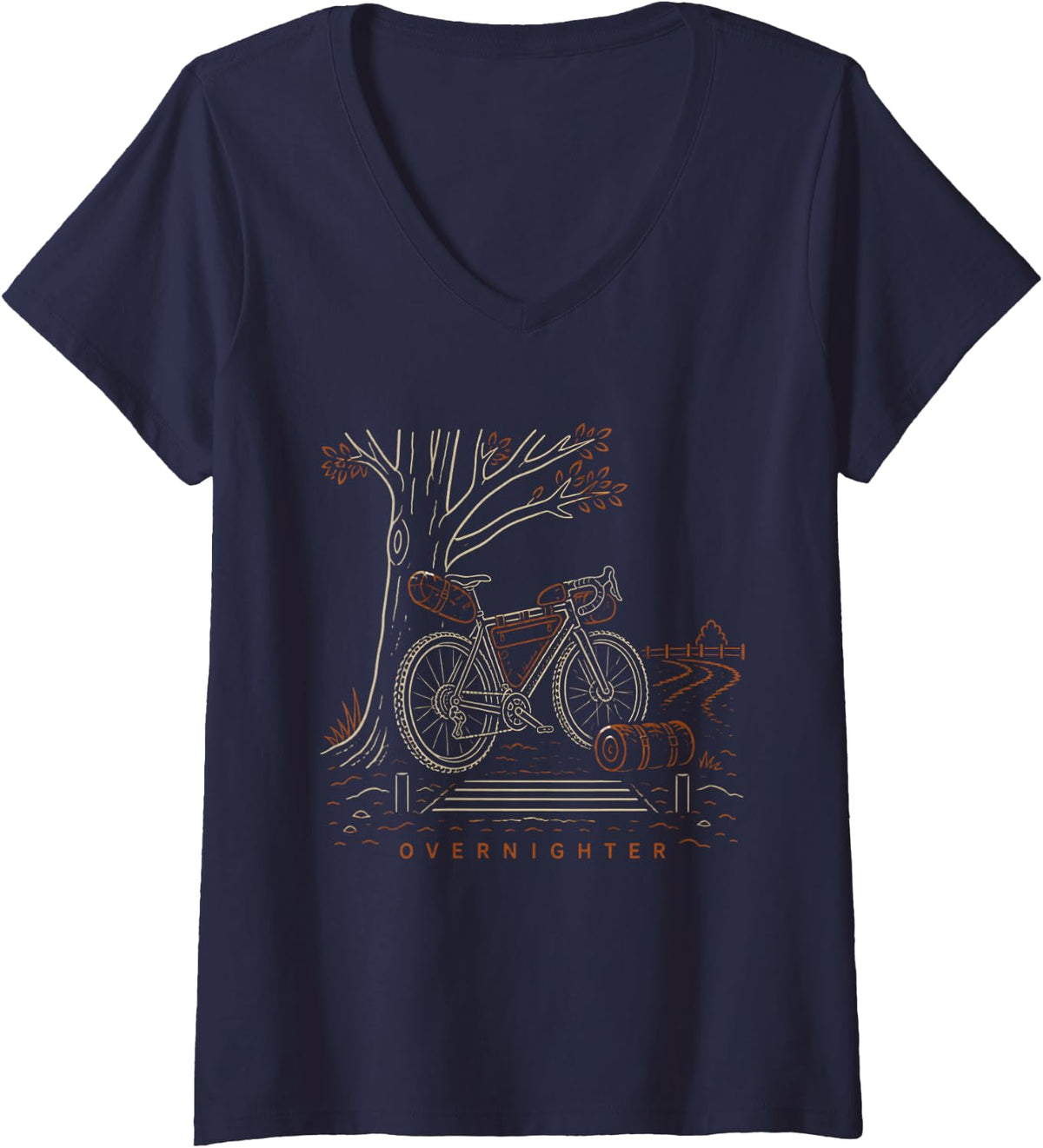 Women's overnighter Gravel Bike Cycling Bikepacking Rider Gift V-Neck T-Shirt - Navy Blue