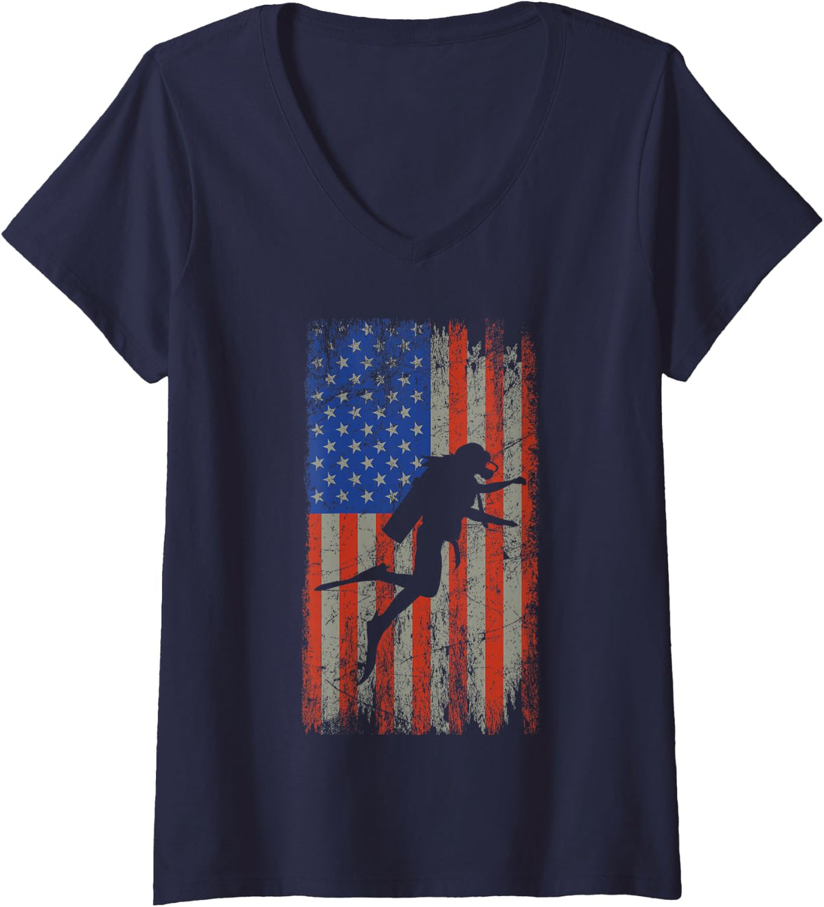 Women's Vintage American Flag Diving - Patriotic American Diver V-Neck T-Shirt - Navy Blue