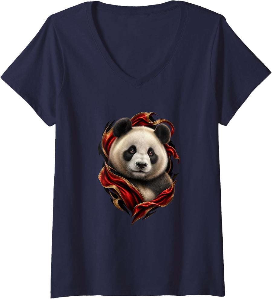 Women's Giant Panda with Red Silk Fractures Animal Art V-Neck T-Shirt - Navy Blue