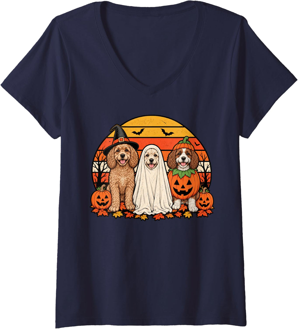 Women's Spooky Cavapoo Pumpkin Ghost Halloween Doodle Dog Lover V-Neck T-Shirt - Navy Blue