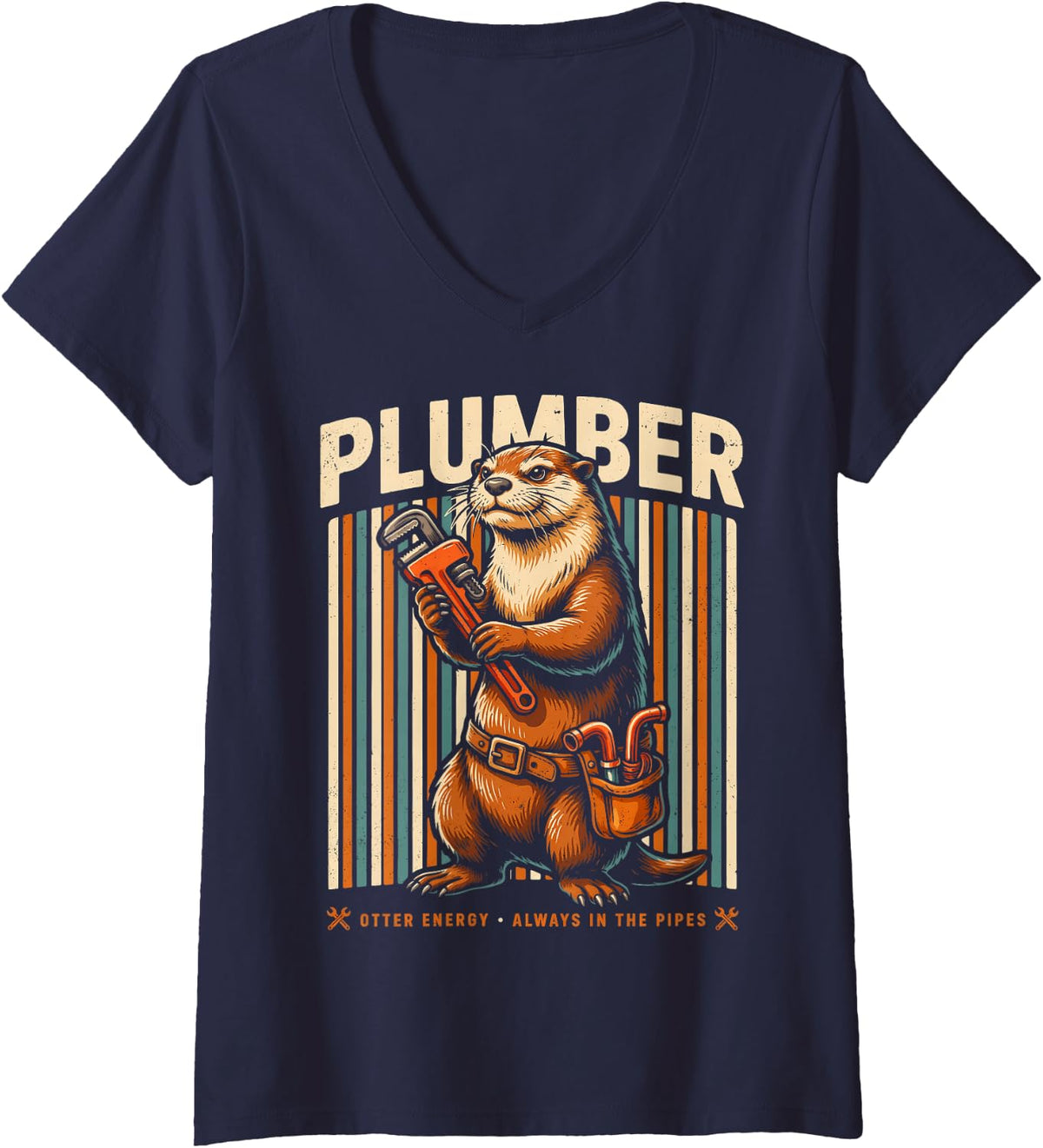 Women's Plumber Otter Energy Always in The Pipes V-Neck T-Shirt - Navy Blue
