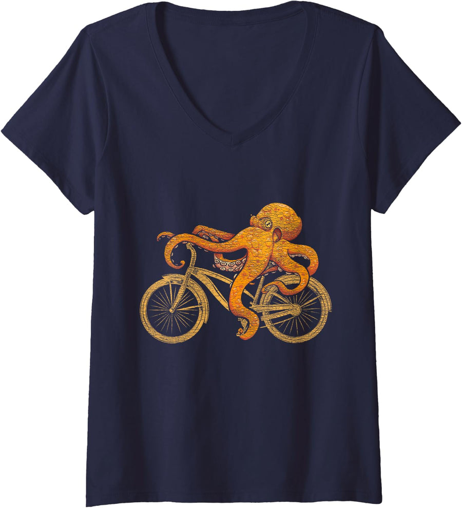 Womens Octopus Riding Bicycle Octopus V-Neck T-Shirt - Navy Blue