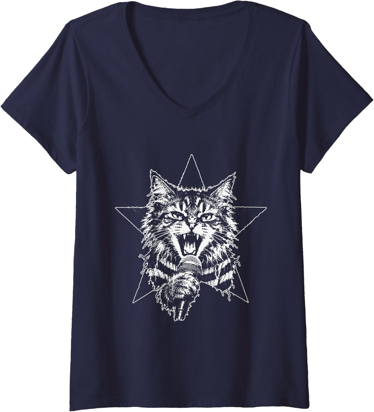 Women's Sassy Cat Singing 2000s Y2k Grunge Aesthetic Punk Kitten V-Neck T-Shirt - Navy Blue