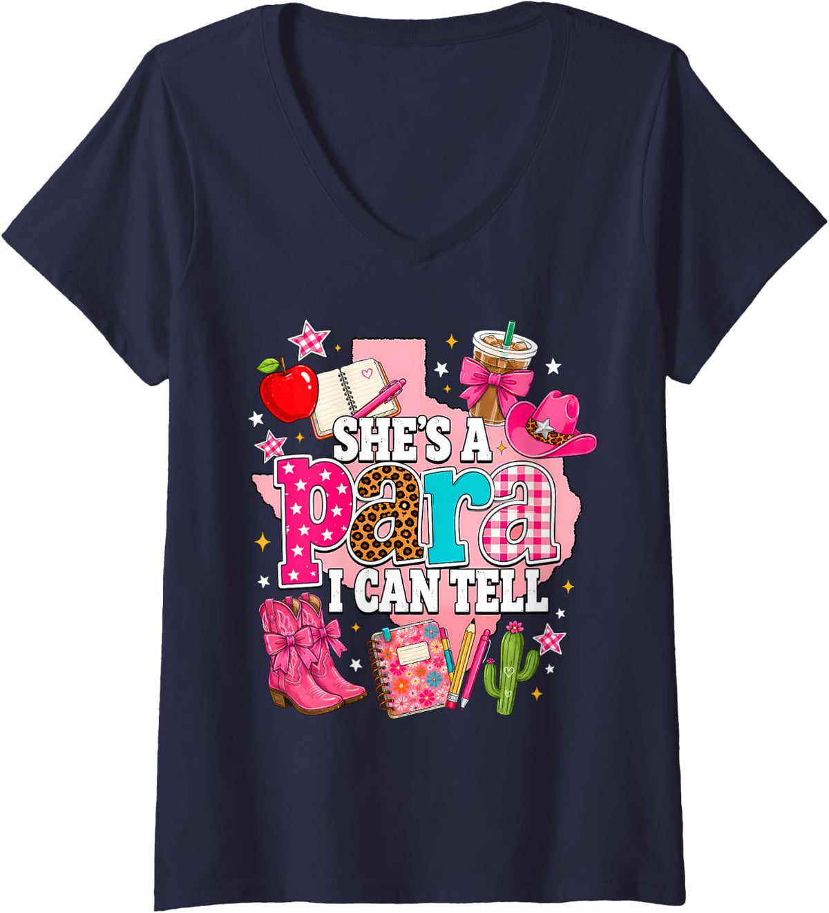Women's She’s A para I Can Tell Texas Cowgirl Western School Teacher V-Neck T-Shirt - Navy Blue
