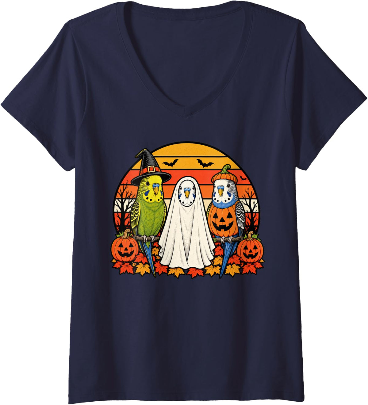 Women's Spooky Budgie Pumpkin Ghost Halloween Budgerigar V-Neck T-Shirt - Navy Blue