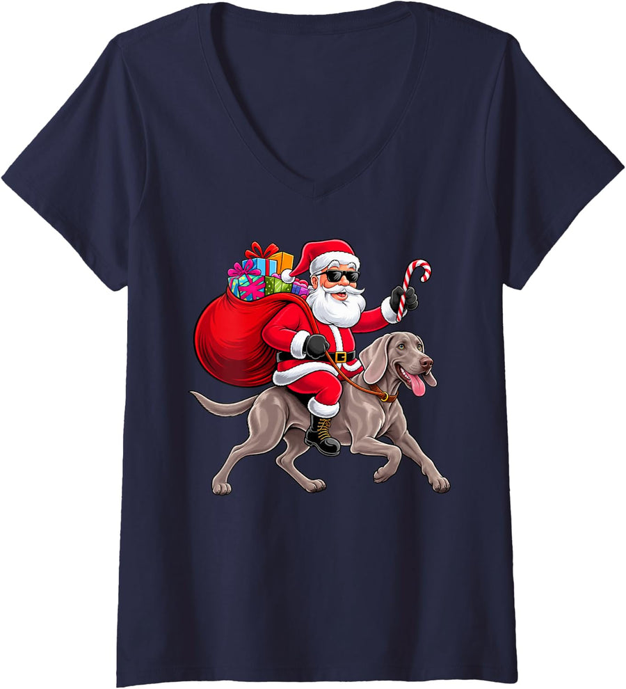 Women's Xmas Santa Riding Weimaraner Lovers Pet Dog Christmas V-Neck T-Shirt - Navy Blue