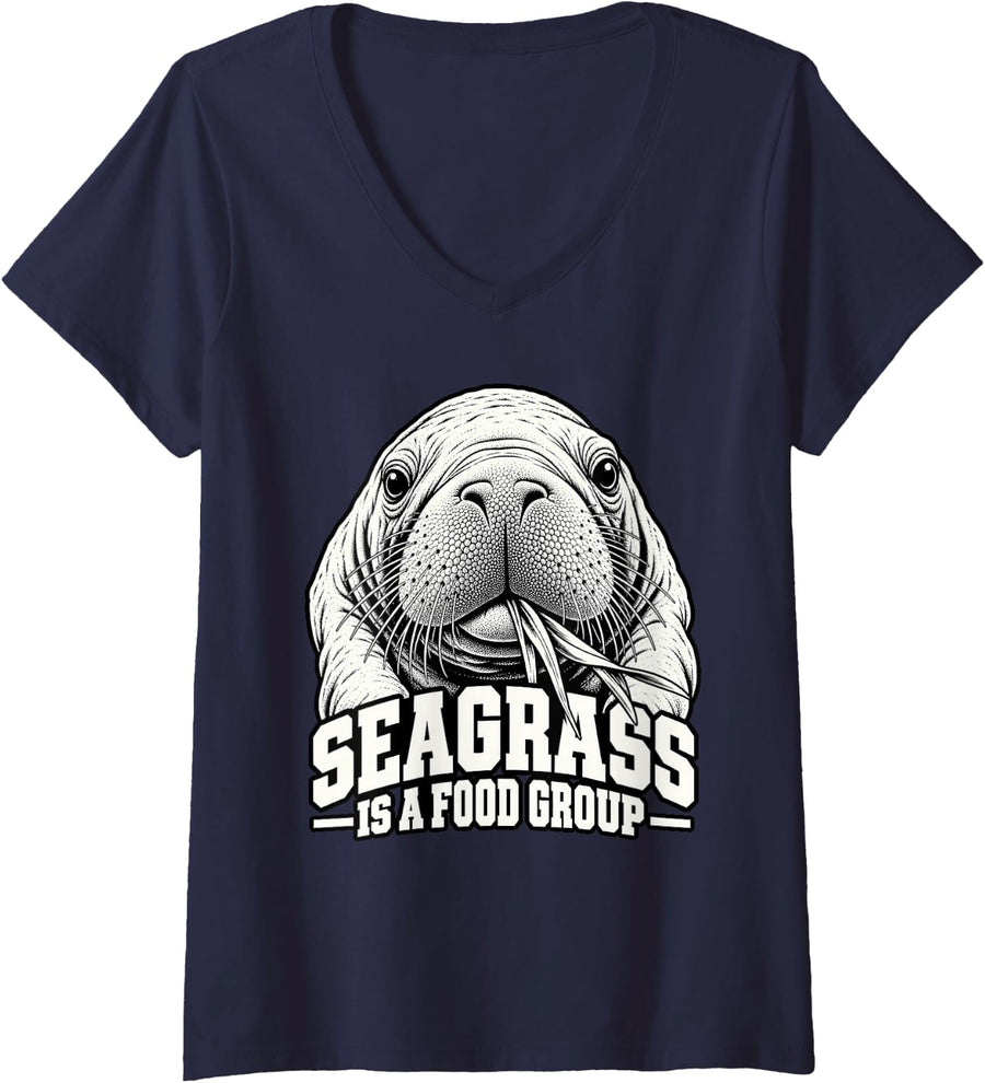 Women's Manatee Seagrass is A Food Group Funny Florida Wildlife V-Neck T-Shirt - Navy Blue