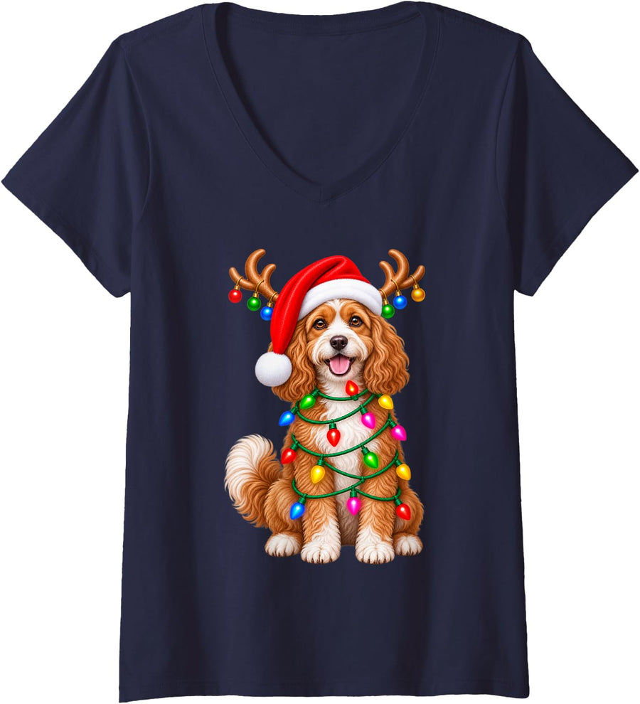 Women's Cavapoo Dog Christmas Dog Reindeer Lights Pajama Xmas V-Neck T-Shirt - Navy Blue