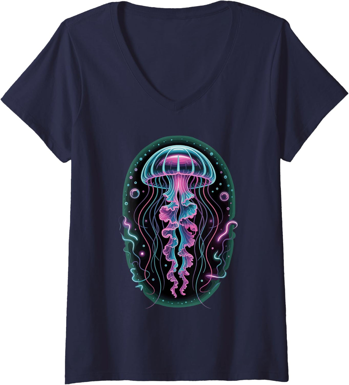 Women's Bioluminescent Jellyfish Sea Creature Glow V-Neck T-Shirt - Navy Blue