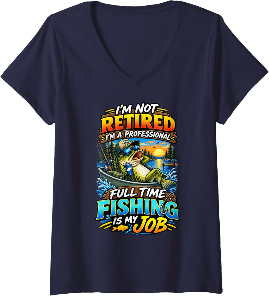 Women's Funny Fishing is My Job Bass Fisherman Full Time Angler V-Neck T-Shirt - Navy Blue