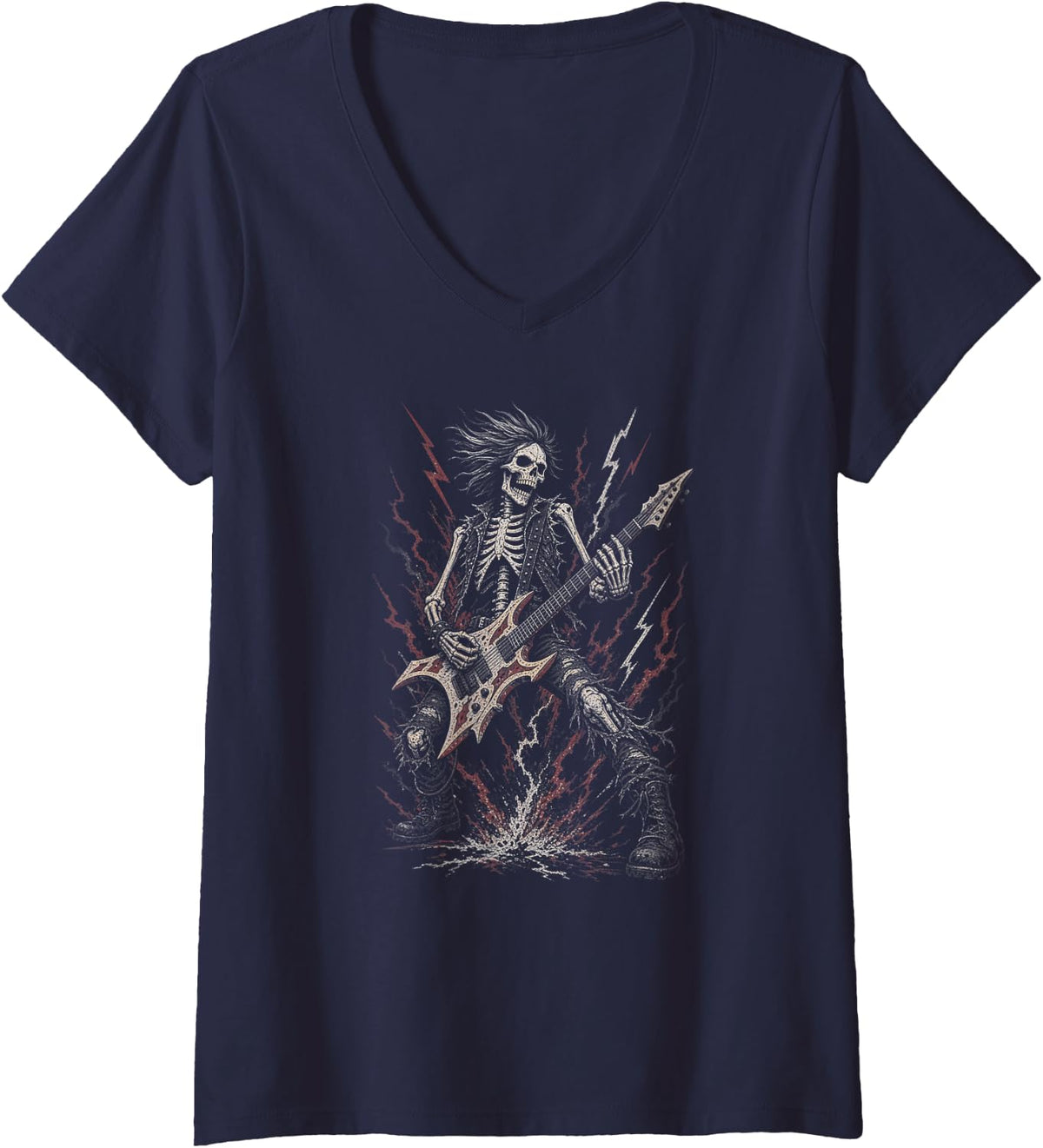Women's Skeleton Rock Guitarist Lightning V-Neck T-Shirt - Navy Blue