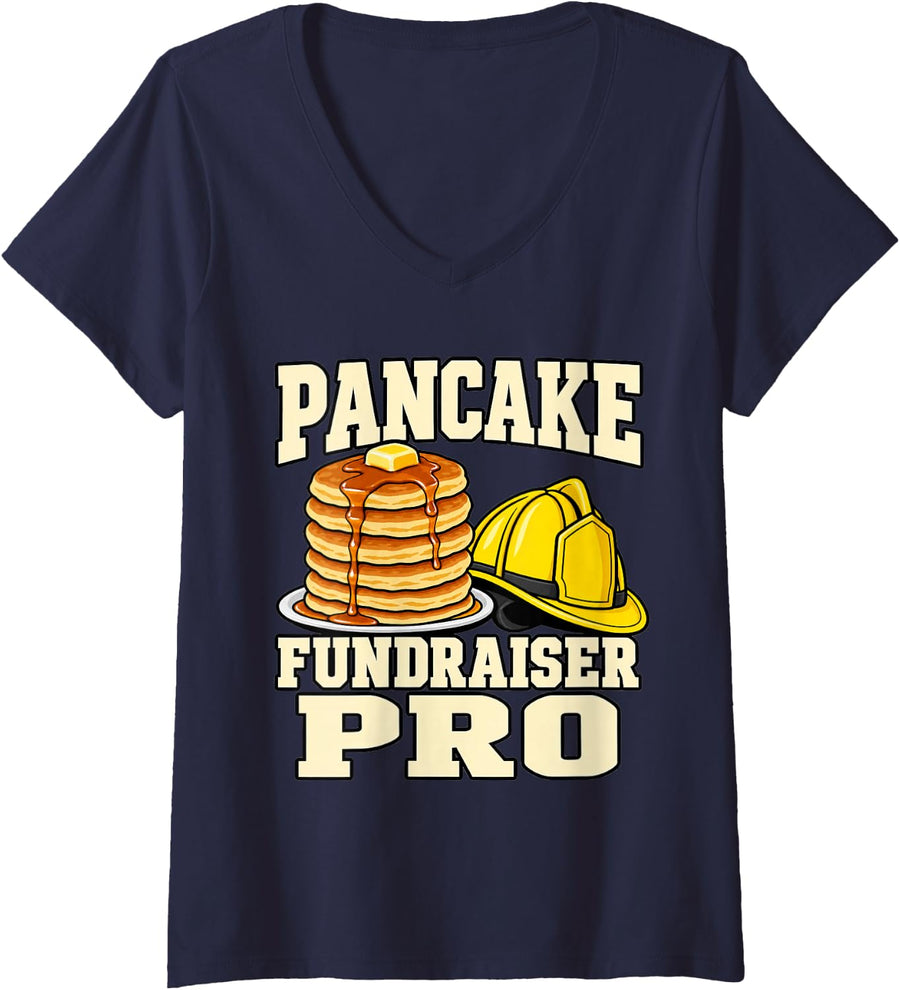 Women's Volunteer Firefighter Pancake Fundraiser Pro Helmet Fire Mom V-Neck T-Shirt - Navy Blue