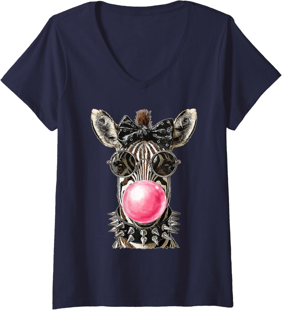 Women's Glam Zebra with Sunglasses Punk Animal Bubblegum Gothic V-Neck T-Shirt - Navy Blue