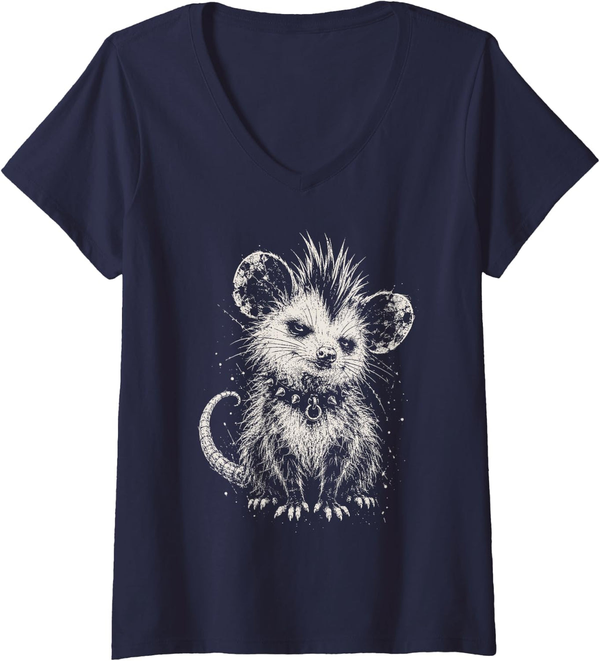 Women's Funny Punk Rebel Possum Mohawk Grunge Animal for Men, Women V-Neck T-Shirt - Navy Blue