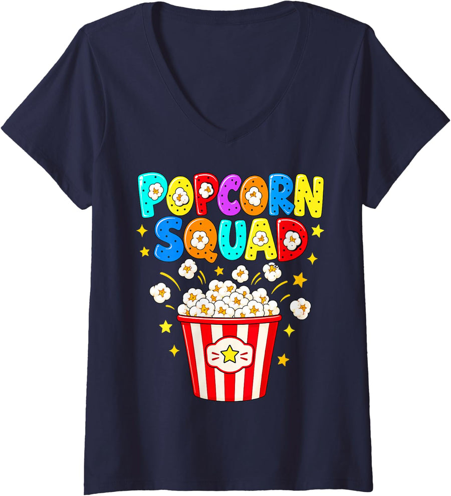 Women's Popcorn Squad Movie Theater Lover Men Women V-Neck T-Shirt - Navy Blue