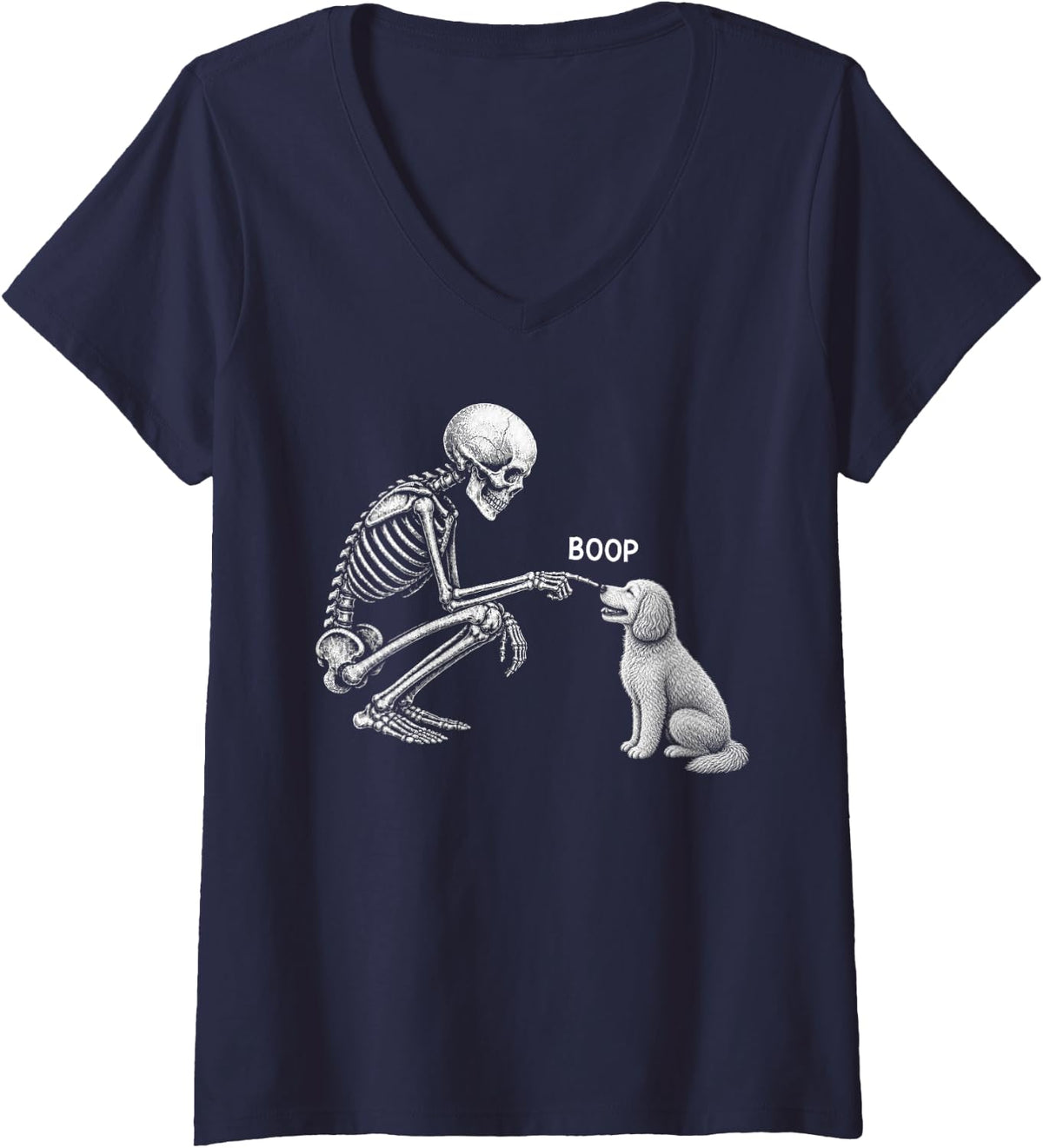 Women's Skeleton Boop Cockapoo Doodle Dog Nose Vintage Halloween V-Neck T-Shirt - Navy Blue