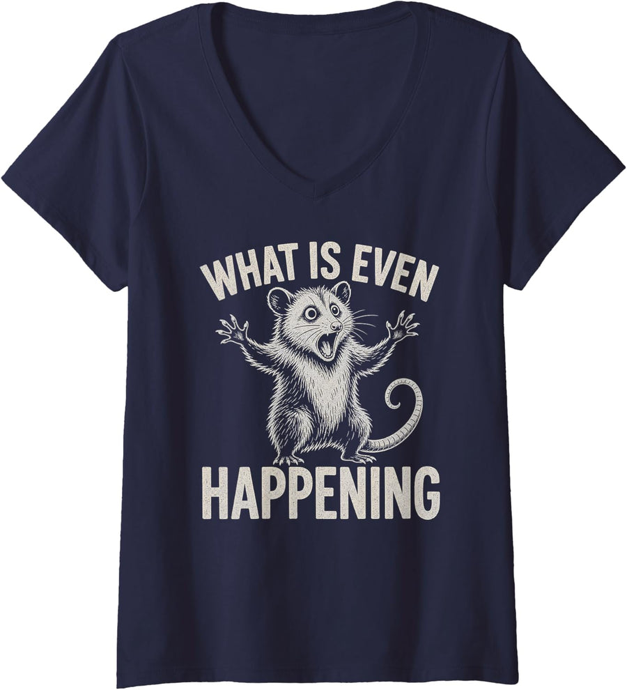 Women's Opossum Panic What is Even Happening V-Neck T-Shirt - Navy Blue