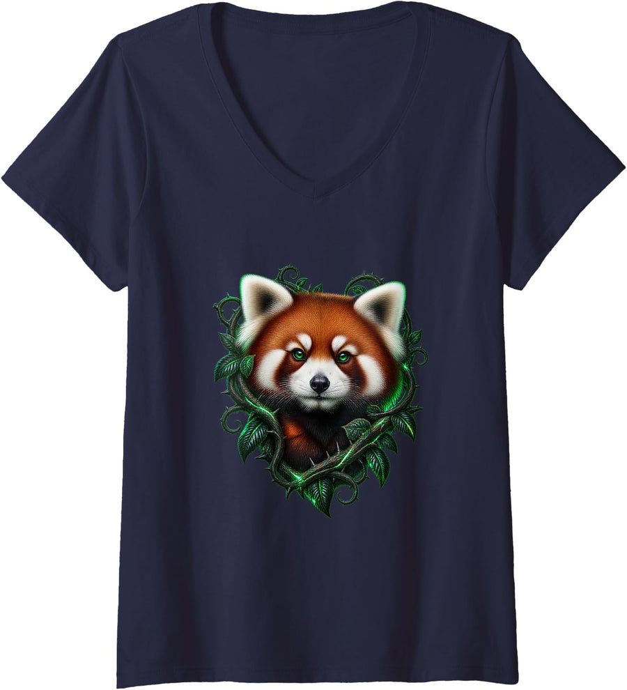 Women's Panda with Green Thorn Curls V-Neck T-Shirt - Navy Blue