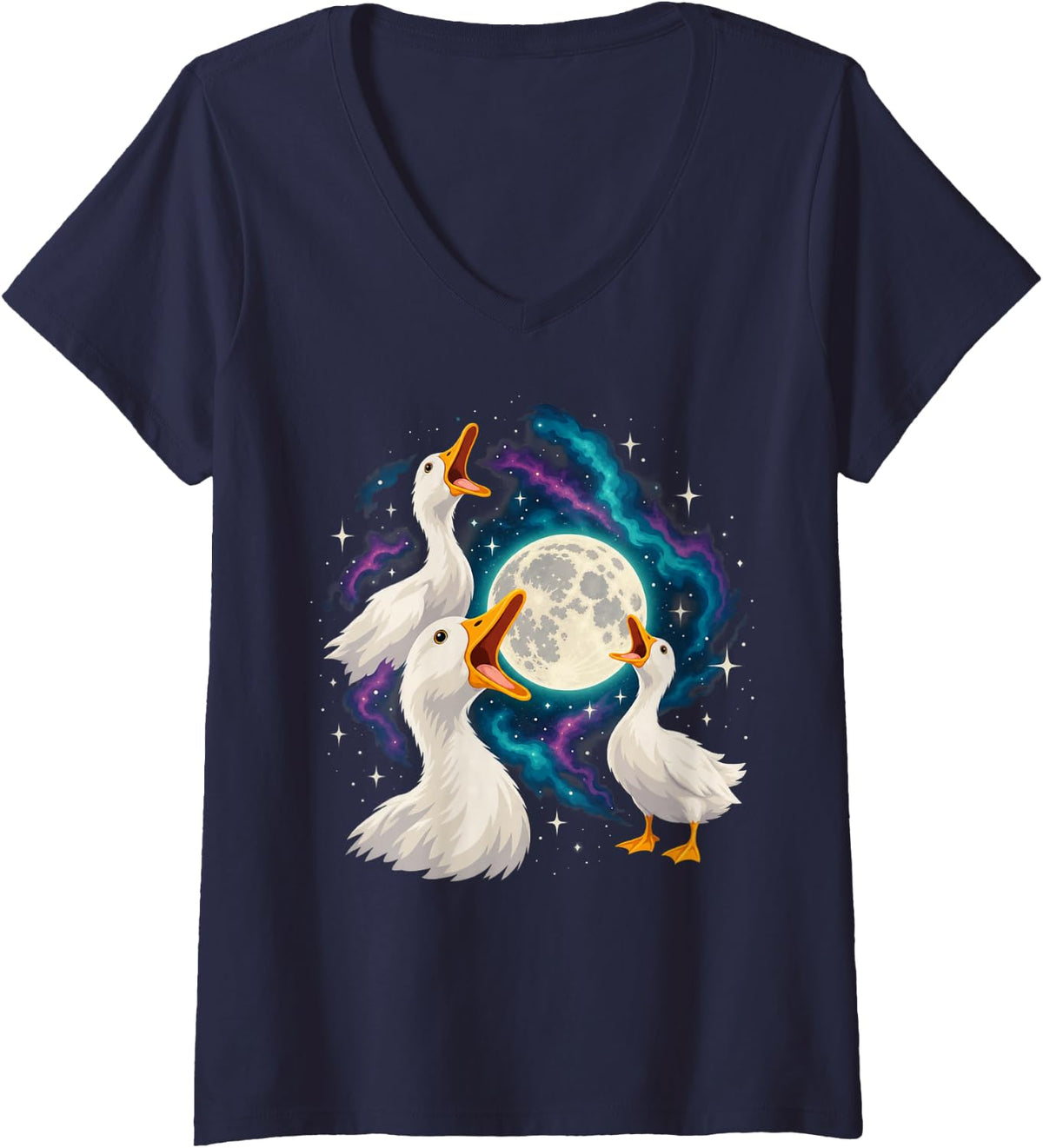 Women's Three Ducks Howling at the Moon Duck Lover V-Neck T-Shirt - Navy Blue