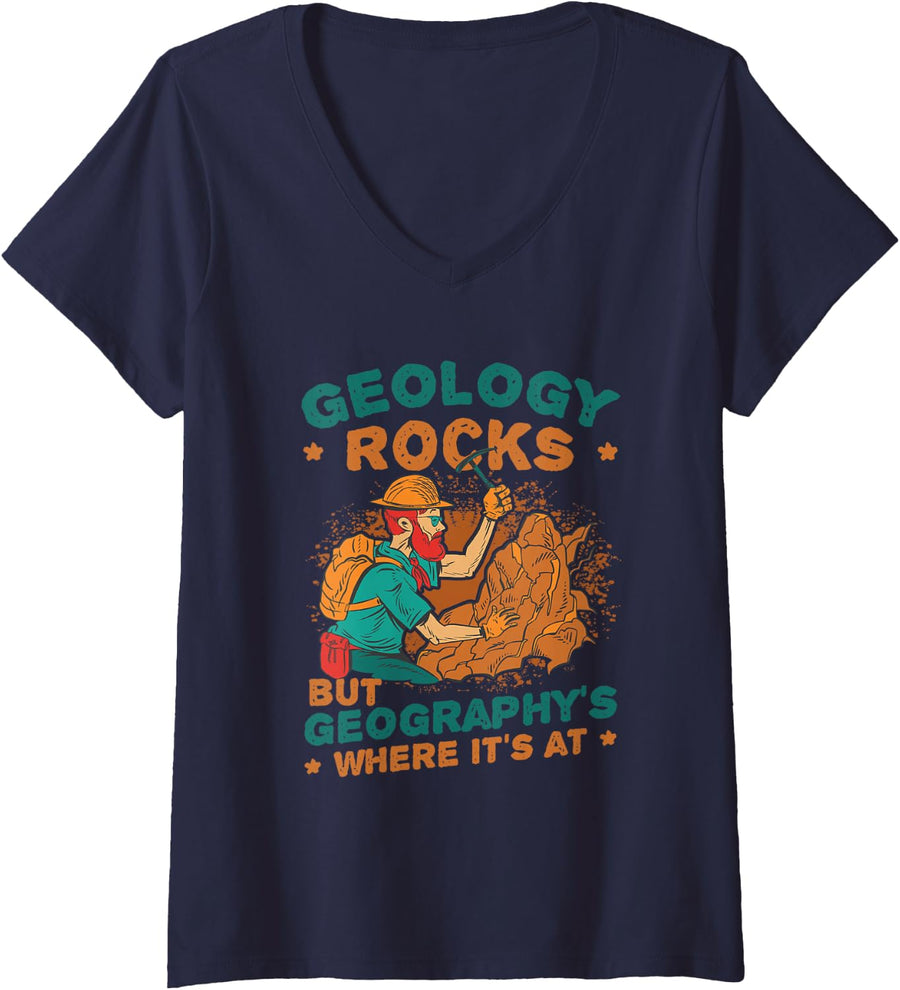 Women's Geology Rocks But Geography's Where It's At Funny Science V-Neck T-Shirt - Navy Blue